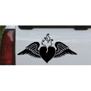 Black 4in X 8in    Heart With Wings and Flames Car Window Wall Laptop 