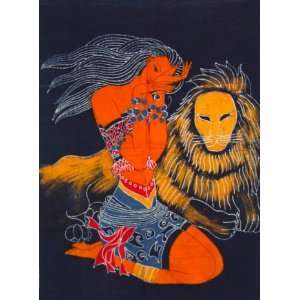    Chinese Art Batik Tapestry Lion Girl Wall Hanging 