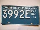 Expires1969 Michigan 1/2 Year License Plate 3992E
