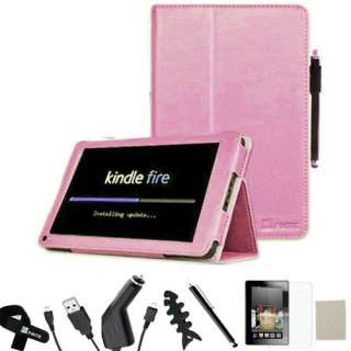 Kindle Fire Folio Leather Case/Screen Protector/Car Charger/USB Cable 