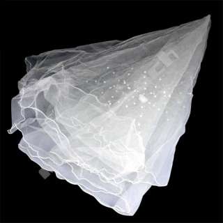 White Tulle Pearl Bead Bride Bridal Wedding 1 Tier Veil  