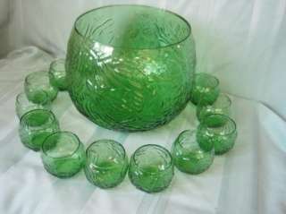 Vintage Crinkle Glass Punch Bowl and Roly Poly Cups, Seneca 