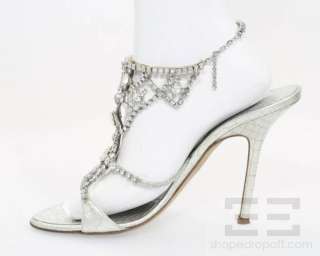 Giuseppe Zanotti Silver Embossed Leather And Crystal T Strap Heels 