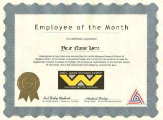 Weyland Yutani Employee of the Month Certificate Alien  