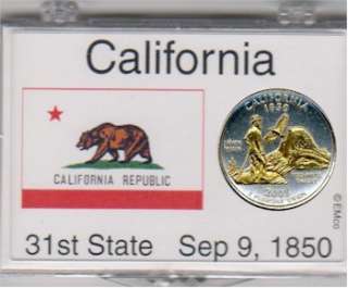Gold on Silver California Statehood Quarter with State Flag Display 