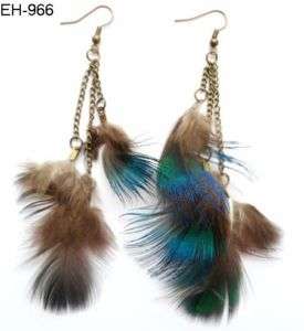bronze Long Chains Handmade Feather Dangle Earrings  