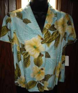   HIBISCUS Hawaiian Floral AQUA Top petite M Hawaii Flower Yellow  