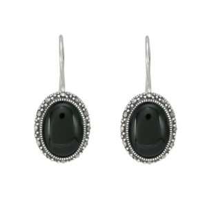    Sterling Silver Marcasite Oval Onyx French Wire Earrings: Jewelry