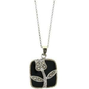   Sterling Silver Marcasite Black Onyx Flower Overlay Pendant: Jewelry