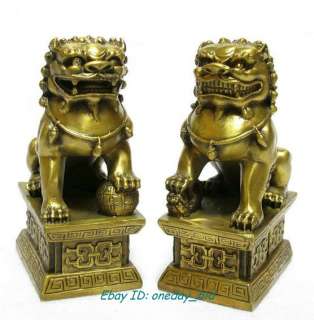 Medium Pair Chinese Bronze Foo Dogs Guardian Lions Statues Figures 6.2 