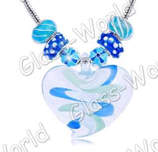Blue Mix Charms Beads Heart Pendant Necklace+Bracelet