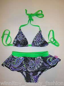 2012 Girls Halter Purple flora flower Swimsuit Bathers Skirted Bikini 