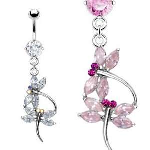 Double Dragon Fly with Clear/Aurora Borealis Cubic Zirconia Belly Ring 
