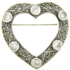  Sterling Silver Marcasite CZ Heart Brooch Jewelry