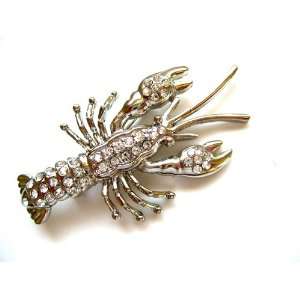   Tone Metal Crystal Rhinestone Sea Ocean Lobster Shell Fish Pin Brooch