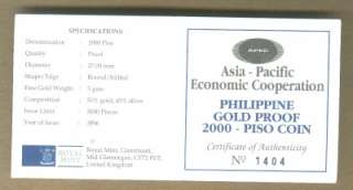 PHILIPPINES 1996 2000 PESO APEC  PRES. RAMOS GOLD COIN  