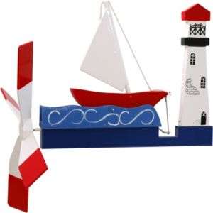 Sailboat and Lighthouse Wooden Folk Art Wind Whirligig  