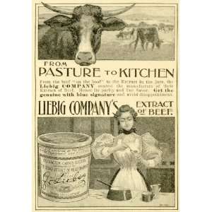 com 1898 Ad Liebig London Beef Extract Cow Cattle Pasture Woman Cook 