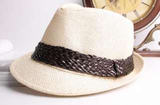 NEW Straw trilby leather band fedora vintage hat unisex  