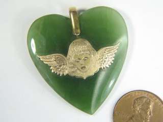 ANTIQUE 9K GOLD NEPHRITE / NEW ZEALAND JADE CHERUB HEART PENDANT c1910 
