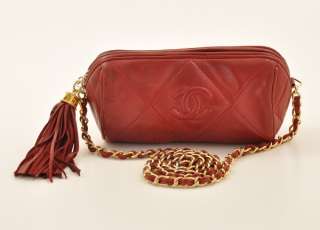 Authentic Chanel Red quilted leather pochette Chain fringe A27  