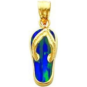  14K Gold Sandal w/Created Opal Inlay Pendant Jewelry