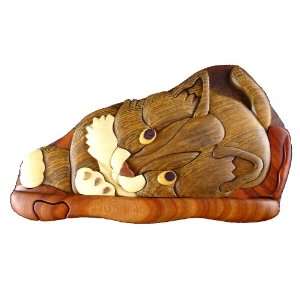Wooden Puzzle Box Kitty Cat Hand Carved Wood Intarsia Marquetry 