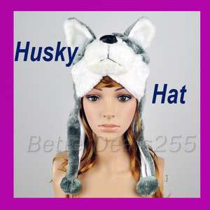 Cartoon Husky Animals Cute Plush Fluffy Costume Hat Cap  