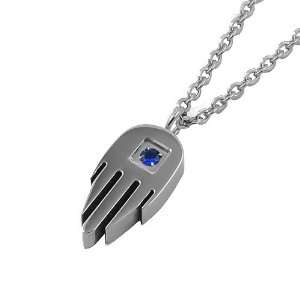  Stainless Steel Link Necklace with Blue CZ HAMSA Pendant Jewelry