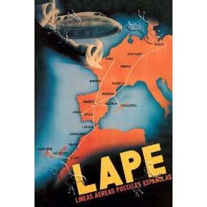 LAPE   Spanish Postal Airlines European Routes by Unknown 17.75X26.50 