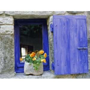 Close Up of Blue Shutter, Window and Yellow Pansies, Villefranche Sur 