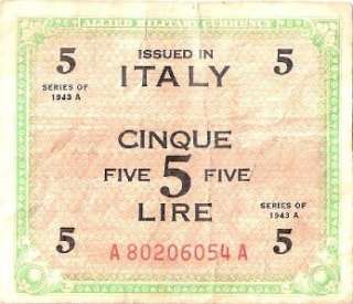 Italy 5 Lire WW II ALLIED MILITARY CURRENCY A80206054A 1943 A  
