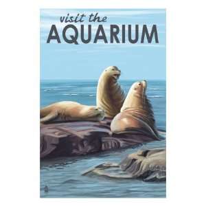 Visit the Aquarium, Sea Lions Scene Giclee Poster Print, 24x32  