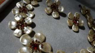 Miriam Haskell HUGE Baroque Pearl Flower Ruby Red Rhinestone Necklace 