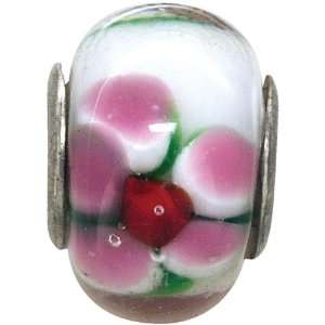  A Bead At A Time 14x8mm Glass Bead w/Silver White w/Pink 