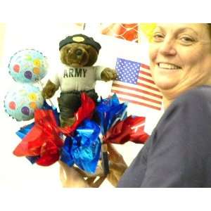 ARMY HAPPY BIRTHDAY BOUQUET OF BALLOONS & TEDDY BEAR WEARING U.S. ARMY 