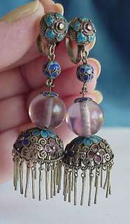   Antique Enamel on Chinese Silver Filigree Amethyst Chandelier Earrings