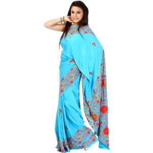   Egg Turquoise Floral Sari from Kashmir with Ari Embroidery   Georgette