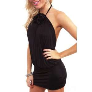  Black Mini Halter Dress with Pleated Front and Rose M 