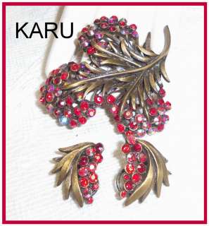 Vintage KARU ARKE INC Red Aurora Borealis Rhinestone Pin & Earring Set 