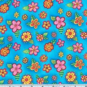  45 Wide Rainbow Floral Flowers Turquoise Fabric By The 