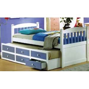  Twin Size Bed with Trundle and Drawers in Blue White 