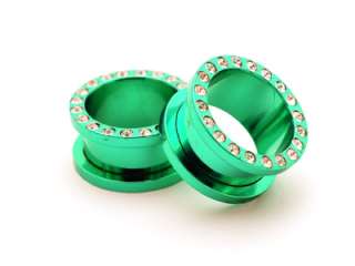 Pair of Green CZ Screw on Tunnels gauges plugs PICK SIZE  
