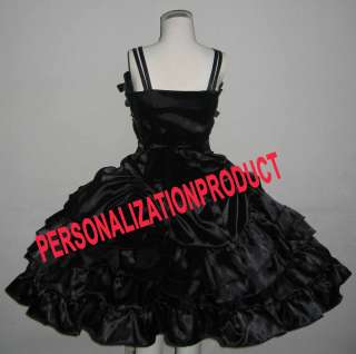 Victorian Gothic Lolita Black Satin Ball Gown Knee Length Cosplay 
