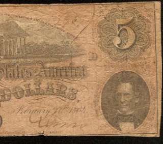 1864 $5 DOLLAR BILL CONFEDERATE CURRENCY CSA NOTE CIVIL WAR ERA PAPER 