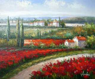 Tuscany Italian Homes Flowers Red Poppies Oil Painting  