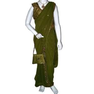Indian Ethnic Beaded Olive Green Saree Bollywood Fashion Dress Saree 