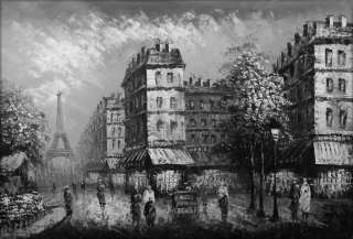   Painted Oil Painting Paris Street with Eiffel Tower Black/White  