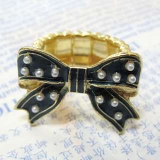 Pretty Vintage Fashion Blue Bowknot Beads Ring Size Elasticity FREE 