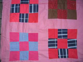 1950s Quilt Top, 9 Patch with pink sashing. Cheerful  